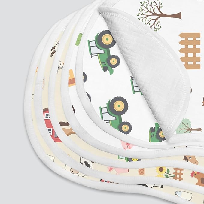 Spriggenix 6 Pack Farm Burp Cloths Baby Boys Girls with Farm Animals Pattern, Large Cotton Burp Rags for Newborns Gifts Nursery Decor Extra Soft and Absorbent 9.8X19.6inches