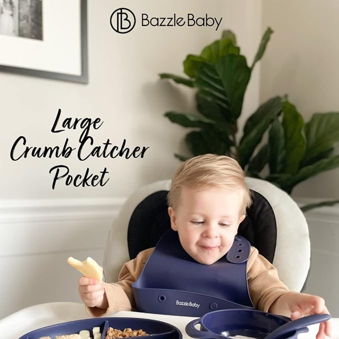 Bazzle Baby Silicone Bibs with Food Catcher - Rolls Up and Button closed for easy travel and storage Waterproof 2-Pk