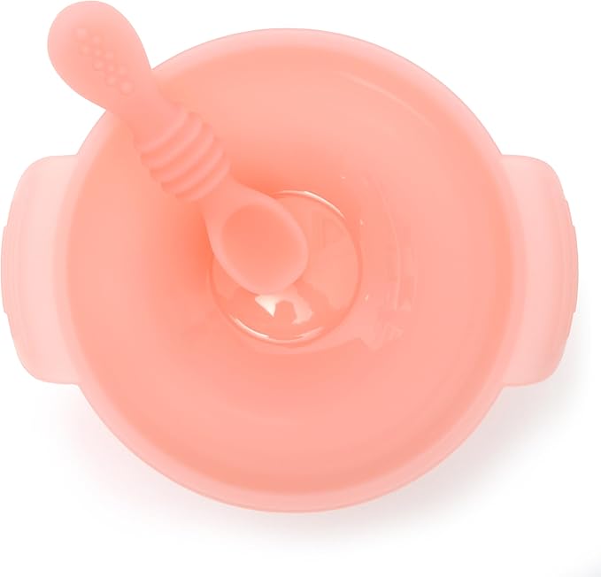 PrimaStella Silicone Baby Suction Bowl and Spoon Set - Toddler Grip Dish - BPA Free - Microwave and Dishwasher Safe (Rose Quartz)