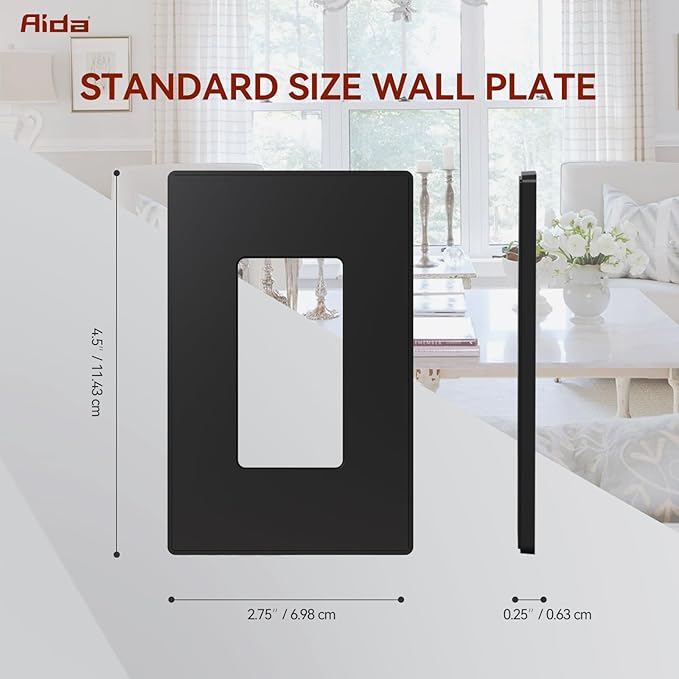 AIDA 1-Gang Screwless Decorative Wall Plates, Standard Size Unbreakable Thermoplastic Faceplate Cover for Decorator Receptacle Outlet Switch, UL Listed (50 Pack, Matte Black)