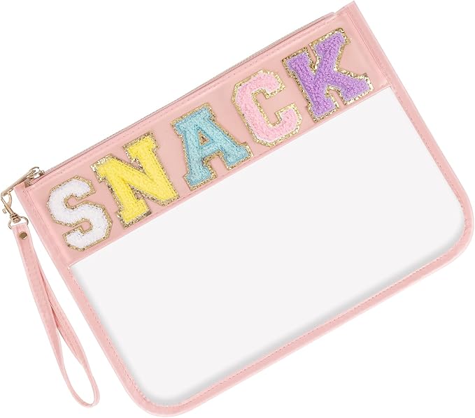 Iqimott Snack Bag Monogram Clear Letter Flat Pouch, Chenille Glitter Letter Patch Makeup Cosmetic Bag Zipper Toiletry Pouch, Portable Travel Beach Wristlet Bags for Women Girls(Snack, Pink)