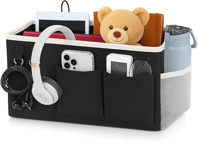 Bedside Caddy Organizer Hanging Storage Bag with Pockets for Books, Magazines, Phone, Tablet & Water Bottle – Bedside Storage for Dorm, Bunk Beds, Hospital Beds & Cribs, Black