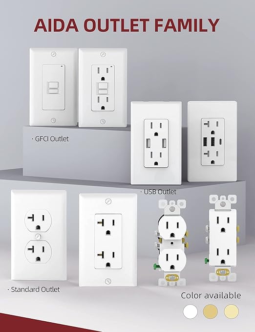 AIDA 20 Amps Outlets Duplex Electrical Receptacle Outlets,Weather Resistance & Tamper Resistant, Receptacle Wall Outlet,Residential,TR,3-Wire, Self-Grounding Clip, NEMA 5-20R,UL Listed 10 Pack, White