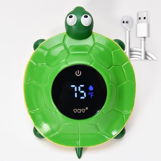 Baby Bath Thermometer with LED Display-Rechargeable Water&Room Temperature Monitor, Floating Toy with Temp Alert, Waterproof for Newborns, Nurseries - Must Have Bath Essentials (Green Tortoise)