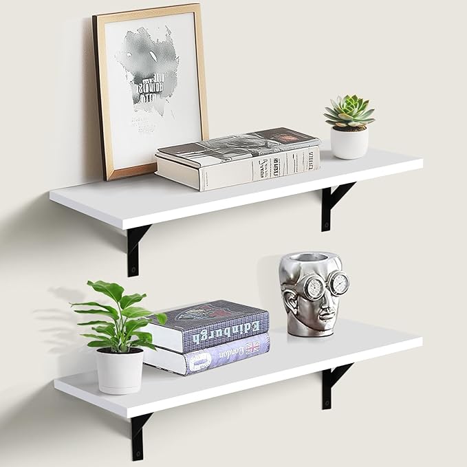 Heavy Duty Long Wall Shelves Set of 2, Floating Shelves Wall Mounted with Industrial Brackets, 40lbs Capacity Shelves for Laundry Room, Kitchen, Bathroom, Living Room (24"*8",White)