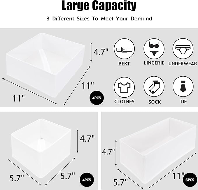 Foldable Dresser Drawer Organizers for Clothes, Underwear, Socks, Bras - Cloth Storage Box Divider Basket Bins, 14 Pack (White)
