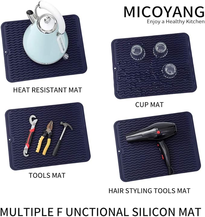 MicoYang Silicone Dish Drying Mat for Multiple Usage,Easy clean,Eco-friendly,Heat-resistant Silicone Mat for Kitchen Counter or Sink,Refrigerator or drawer liner Navy Blue L 16 inches x 12 inches