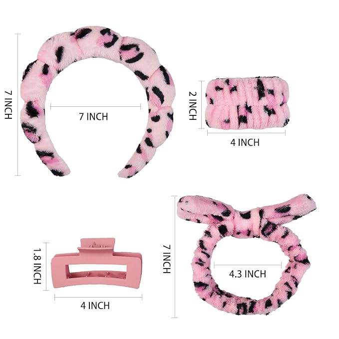 7 Pcs Spa Set, Facial Headband and Wristband Set, Skincare Accessories, College Style Girl Idea Gifts, Hair Accessories for Women and Girls（Leopard Print Pink）
