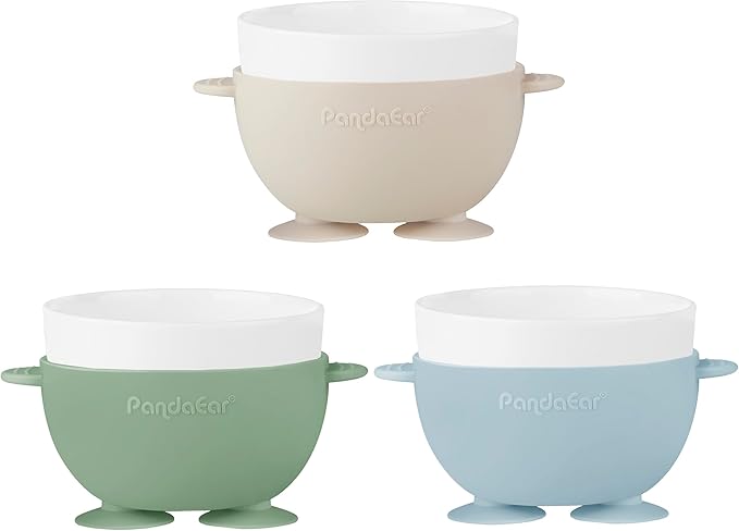 PandaEar 3 Pack Ceramic Baby Bowls with Silicone Sleeves | Non-Slip Suction Base, Microwave & Dishwasher Safe Toddler Bowls | BPA Free Baby Feeding Bowls Set (Blue/Green/Beige)