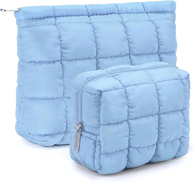 2 Pcs Puffy Makeup Bag Quilted Cosmetic Pouch for Women Cute Checkered Travel Toiletry Bag Puffer Makeup Organizer Purse Pouch Preppy Pencil Case with Zipper(Blue)