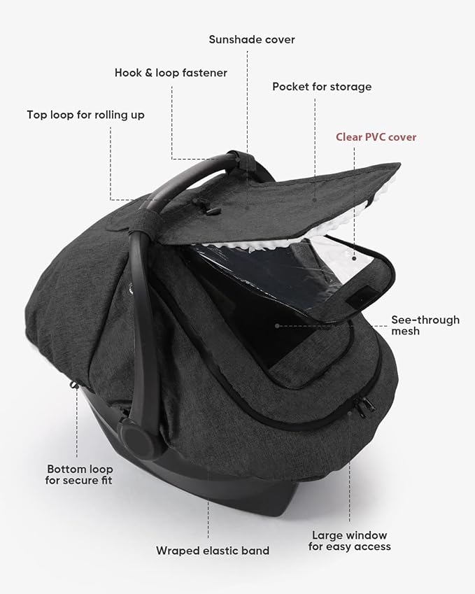 Waterproof Car Seat Cover for Baby, 2-Layer Car Seat Rain Cover with Clear Window & Sunshade & Mesh Cover, Universal Infant Carseat Canopy for Stroller, Protect from Rain and Snow - Black