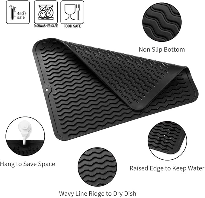 MicoYang Silicone Dish Drying Mat for Multiple Usage,Easy clean,Eco-friendly,Heat-resistant Silicone Mat for Kitchen Counter or Sink,Refrigerator or drawer liner Black L 16 inches x 12 inches