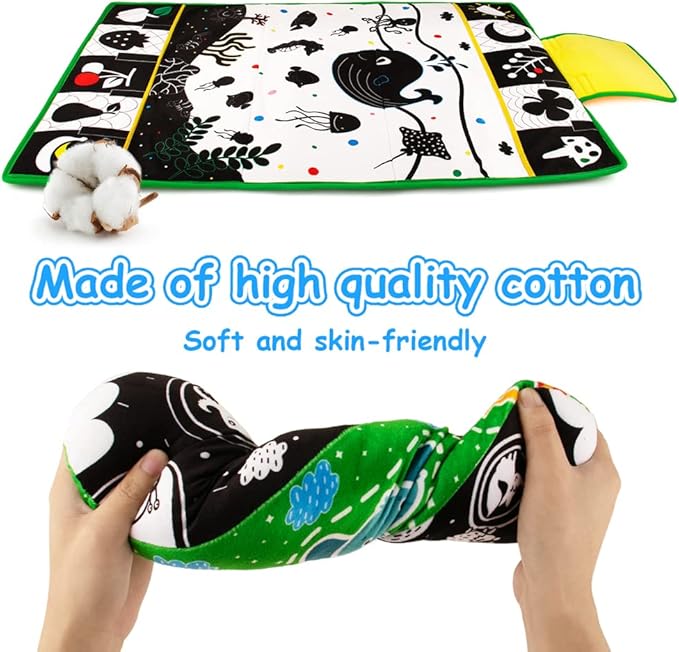 Inbeby Tummy Time Mirror & Play Mat & Pillow 3-in-1, High Contrast Black and White Baby Toys, Activity Mat for Early Education, Newborn Infant Tummy Time Toy Set for 0 3 6 12 Month Crinkle/Squeake