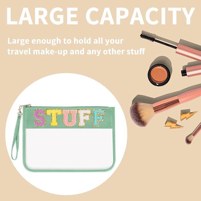 Iqimott Chenille Letter Clear Bag Stuff Pouch, Monogram PVC & PU Makeup Cosmetic Bag Zipper Toiletry Pouch, Waterproof Portable Travel Beach Snack Wristlet Bags for Women Girls(Stuff, Green)