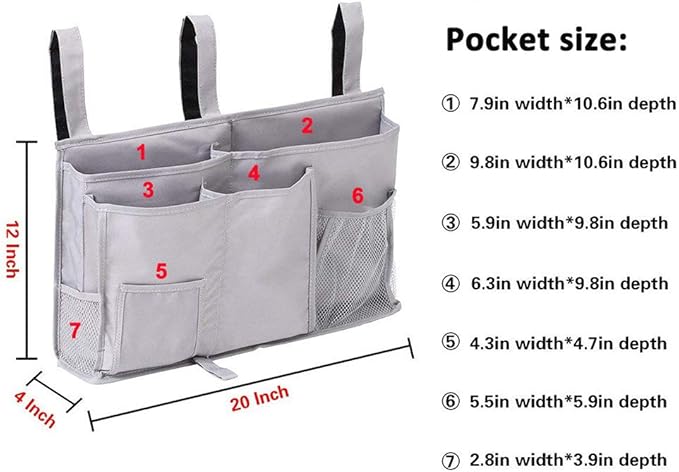 Bunk Bed Organizer - Bedside Storage Caddy with Pocket, Hanging Organizer for Camp, Dorm, Room, Hospital Bed Rail and More (Grey)