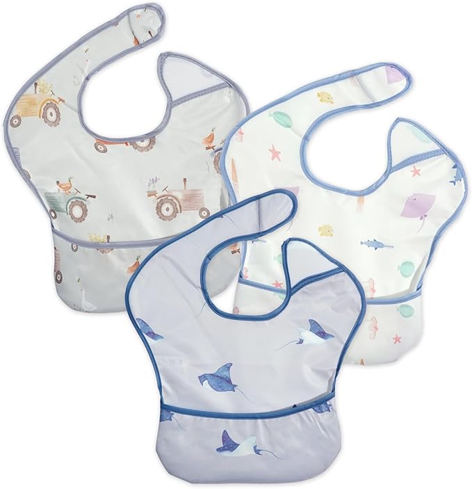 CoolaPeach 3-Pack Waterproof Baby Bibs for Eating - Lightweight Feeding Bibs, Mess Proof, Baby Essential Must Have for Eating