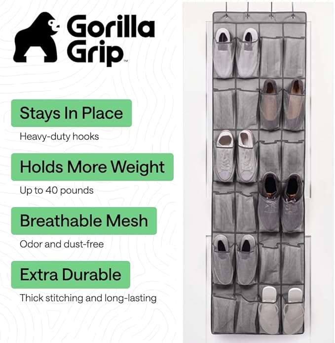 GORILLA GRIP Over the Door Shoe Organizer, 2 Pack, 24 Breathable Mesh Pockets, Space Saving Hanging Storage Holder, Closet Rack Hanger Holds Up to 40 lbs, Hangs on Closets, Shoes, Accessories, Gray