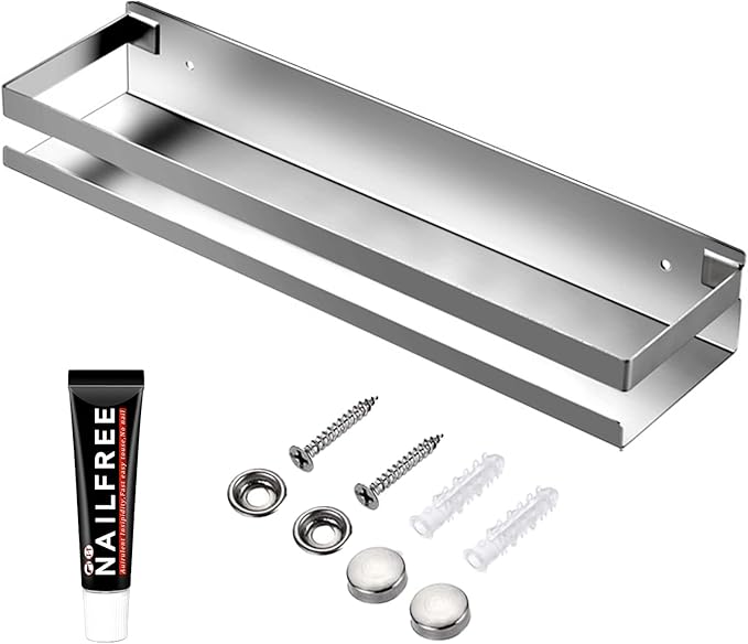 GEINIFAFA Rustproof Metal Storage Floating Shelves Wall Mounted Rectangular Shelf for Bedroom,Bathroom, Living Room, Kitchen, and Laundry Room,Nail-Free Wall-Mounted Shelves（15.75 Inch Silver）