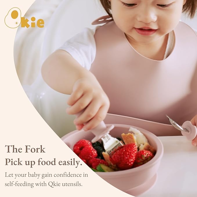Qkie Toddler Utensils, Toddler Forks and Spoons, Baby Spoons Self Feeding, Stainless Steel Baby Silverware with BPA Free Silicone Easy Grip, 8 Months+ (Navy)