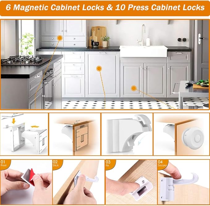 Baitiny Baby Proof Kit, 112 Packs Baby Proofing Essentials Set - Magnetic Cabinet Locks, Corner Guards, Outlet Plug, Furniture Straps, Door Lever Lock - Child Safety Kit for Cabinets, Stove, Furniture