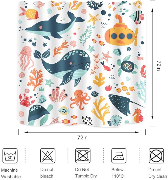 Kids Cartoon Ocean Shower Curtain Cute Fish Sea Turtle Whale Dolphin Funny Underwater Submarine Animal Sea Life Children Boy Home Bathroom Decor Waterproof Fabric 72Lx72W Inch with 12PCS Hooks