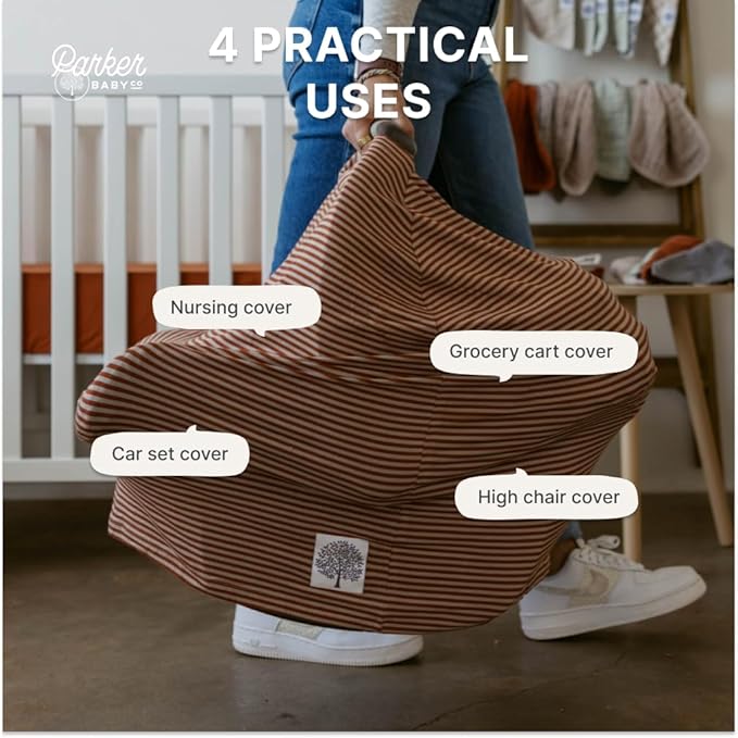 Parker Baby 4 in 1 Car Seat Cover for Girls and Boys - Stretchy Carseat Canopy, Nursing Cover, Grocery Cart Cover, High Chair Cover - “Clay/Alpaca Stripes”