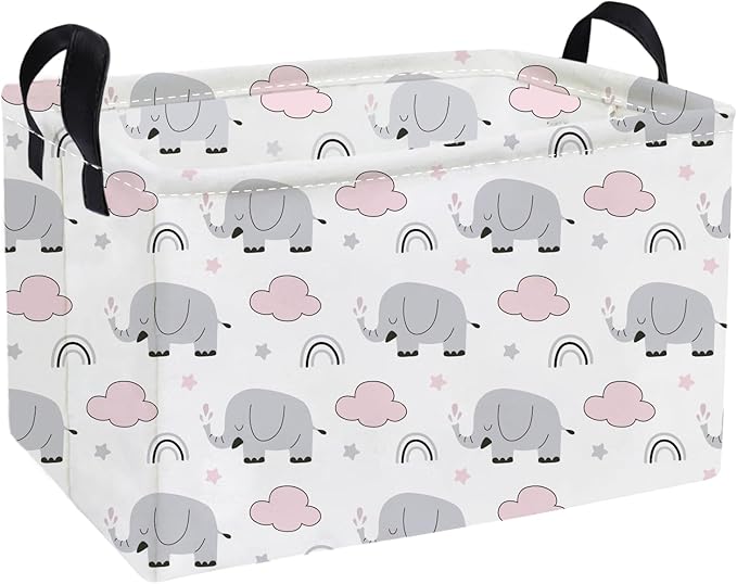 Essme Rectangular Kids Baskets,Elephant Storage Basket with Handles for Boys Room Decor, Toy Box,Cute Storage Bin（Rainbow elephants）