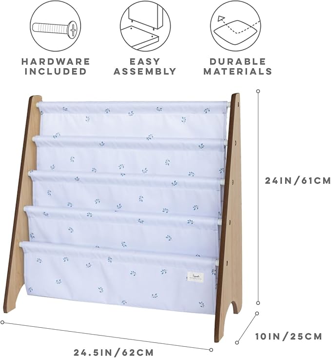 3 Sprouts Recycled Fabric Kids Bookshelf – 4-Tier Sling Book Rack Organizer - Nursery Room Playroom Classroom Wooden Book Shelves - Kid Bookcase Wood Storage Shelf for Toddler Age 3+ - Blueberry Mist