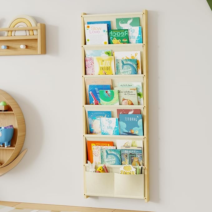 Wood 6-Tier Wall Mounted Kids Bookshelf – Floating Book Shelf For Kids Rooms,Nursery & Classroom, Hanging Bookcase Organizer For Books,Toddler Book Shelf, Montessori Bookshelf, Nursery Shelves