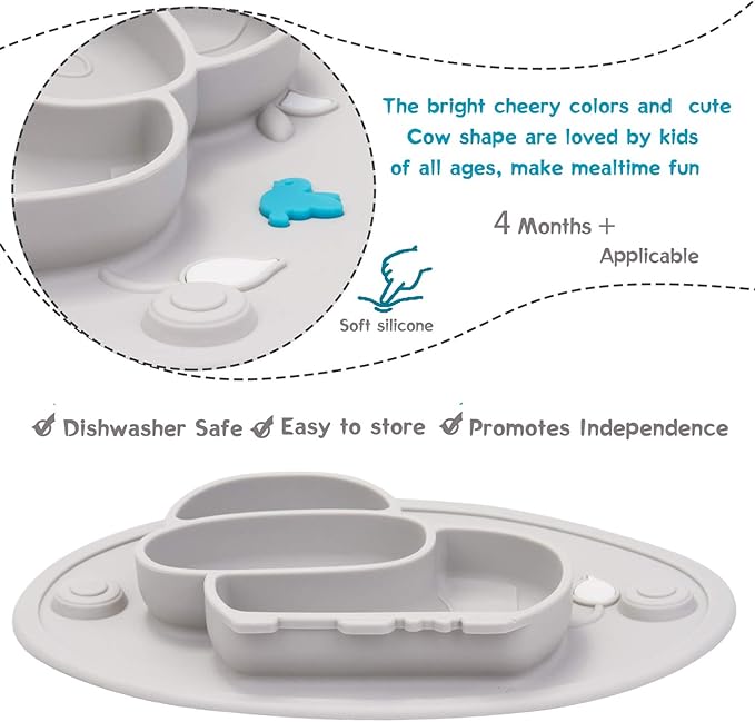 Silicone Divided Toddler Plates - Portable Non Slip Suction Plates Placemat for Children Babies and Kids BPA Free Baby Dinner Plate Bowl
