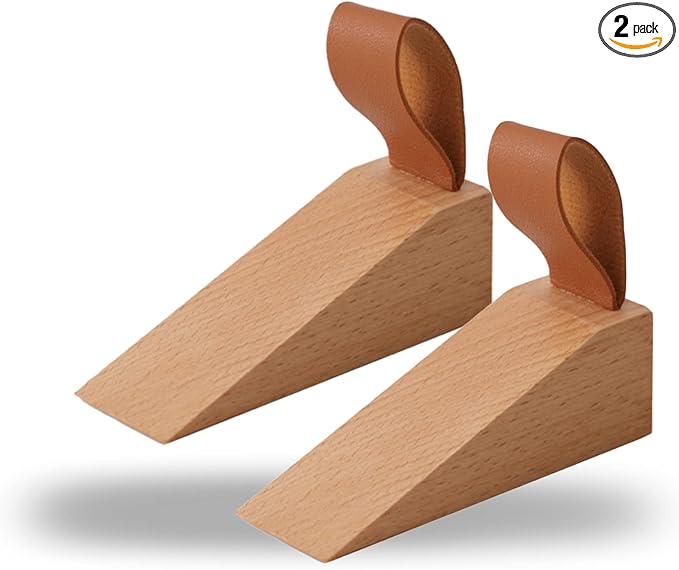 2Pack Wooden Door Stopper Non-Slip Security Wood Door Wedge with Leather Strap for Hanging Door Stopper, in House Bedroom Office Living Room Hotel Cabin (2pcs)