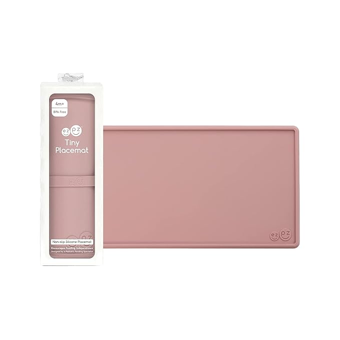 ezpz Tiny Placemat (Blush) - 6 Months+ - Non-Slip, 100% Silicone Placemat for Infants and Toddlers - Fits on Most Highchair Trays - Rolls-Up - Baby Led Weaning Supplies