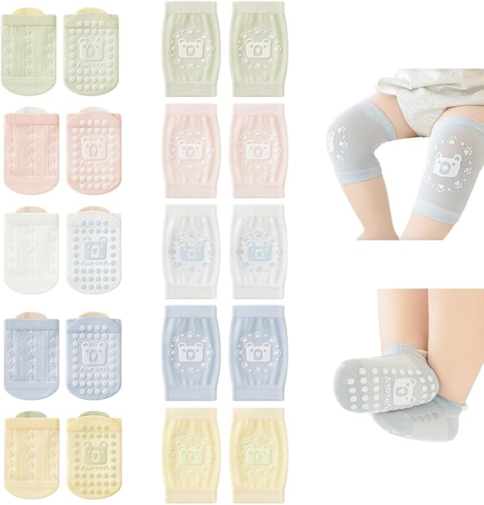 Baby Crawling Knee Pads and Socks with Anti-Slip Grips 10 Pairs Unisex Baby Toddler Nonslip Kneepads & Ankle Socks