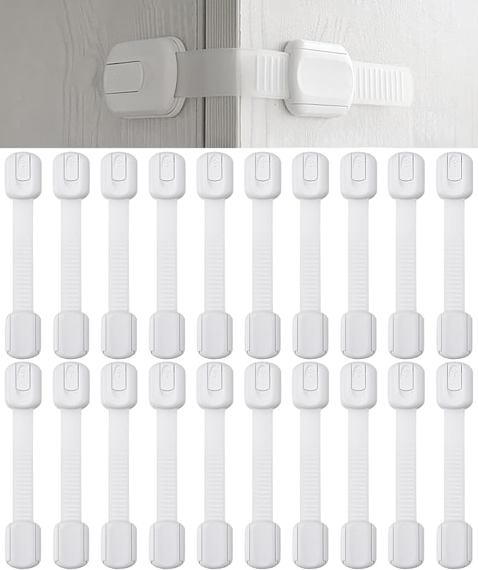 Bates- Child Safety Strap Locks, 20 Pack, White, Baby Cabinet Locks with Adjustable Strap Length