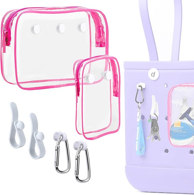 3 Packs Clear Bogg Beach Tote Bag with 2 Pack Insert Hooks Accessories for Bogg Bags Travel Makeup Clean Toiletry Brush Organizer Cosmetic Divider Storage Inner Pouch