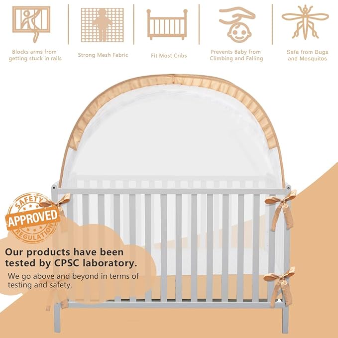 L RUNNZER Pop Up Baby Crib Tent, Safety Tent to Keep Toddler from Climbing Out, Canopy Against Falls and Bites, Netting with Breathable & Soft Mesh, Orange (R07-orange)