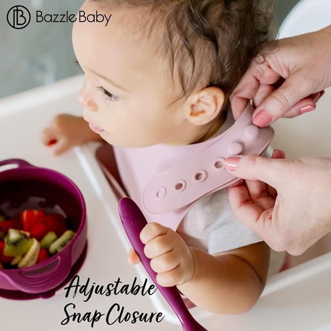 Bazzle Baby Silicone Bibs with Food Catcher - Rolls Up and Button closed for easy travel and storage Waterproof 2-Pk