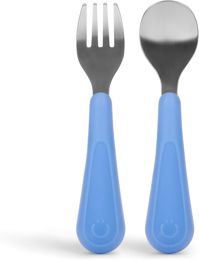 Ubbi Toddler Utensils Set, 2 Pack – Stainless Steel Fork & Spoon with Easy-Grip Silicone Handles, Kids Silverware for Self-Feeding & Baby-Led Weaning, BPA-Free Dishwasher Safe, Polaris Blue