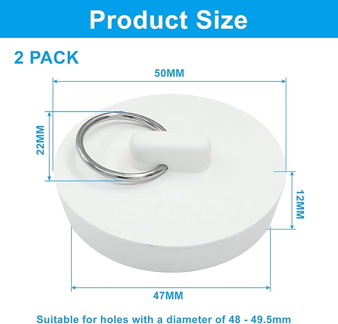 2 Pack Rubber Drain Stoppers, 1-7/8 Inch (47mm Diameter) Bathroom Sink Stopper Universal Bathtub Drain Plug, Hanging Ring Sink Stopper for Bathroom Kitchen Sink Tub Drain