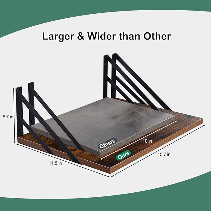 2 Pc Deep Floating Shelves ; Wall Mounted Hanging Shelves for Living Room, Kitchen, Office, Bathroom and Bedroom Decor; Storage and Display Shelf Set (Brown, 16W×12D)