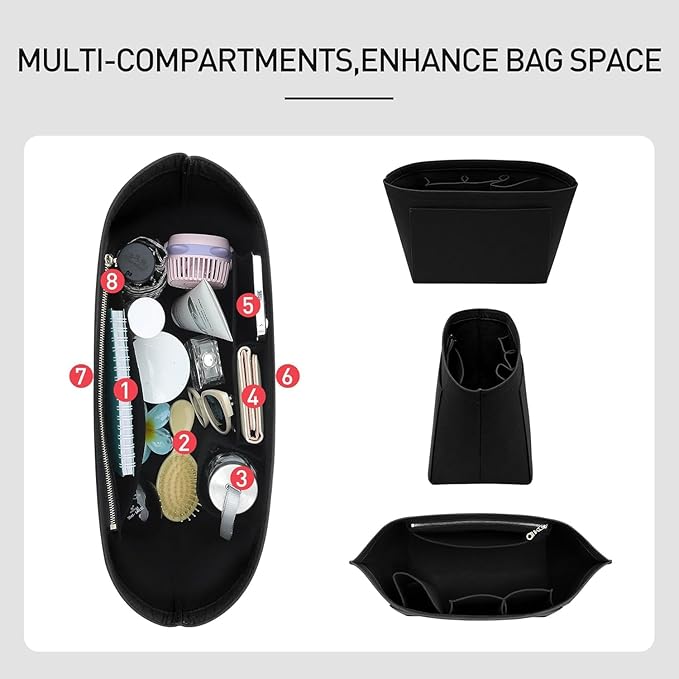 Felt Purse Organizer Insert Compatible with Longchamp Le Pliage S Hangbag, Zipper Long Champ Small Handbag Organizer with Cup Holder, 7 Compartments Bag Insert(Black,S)