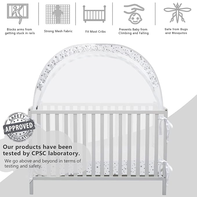 L RUNNZER Baby Pop Up Crib Tent, Crib Net to Keep Baby from Climbing Out, Crib Canopy Cover Against Falling and Bites, Strong Frame & Soft Breathable Mesh, White+stars