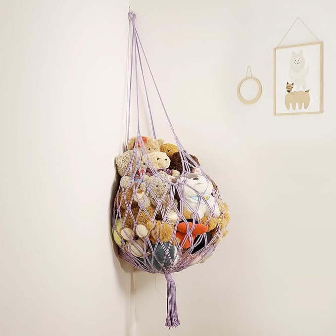 Stuffed Animal Storage Hammock Corner Hanging Net Stuffy Animal Hammock Macrame Toy Display Plush Toy Holder for Kid Bedroom Decor Boho Nursery Playroom Organizer (Purple)