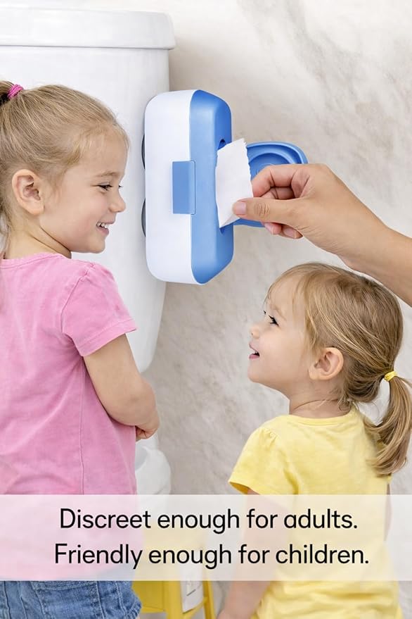 Kids Flushable Wipes Dispenser – Fits Standard Size Flushable Wipes Only – No-Drill Suction Mount, Blue Potty Training Bathroom Wipe Holder