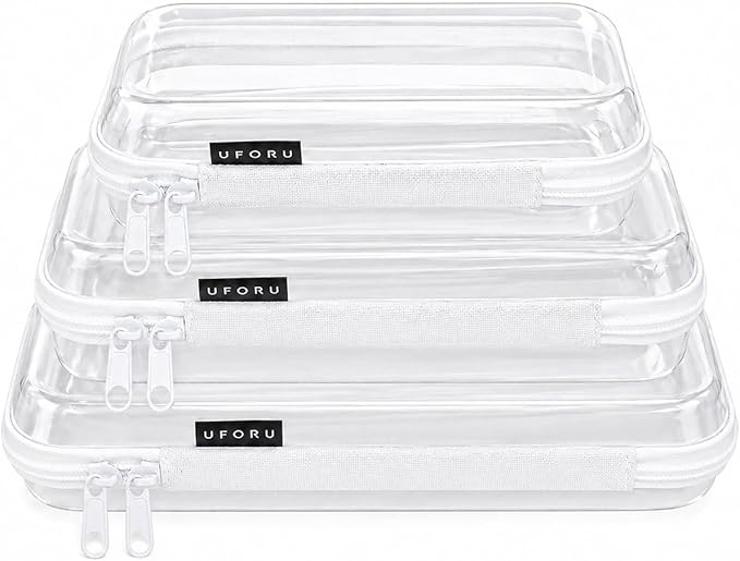 UFORU 3 Pack Clear Hard Shell Zipper Case, Heavy Duty Portable Clear Zipper Pouches, Travel Makeup Organizer & Toiletry Bag, Diaper Bag Organizer Pouches for Toys, Tech & Art Supplies, SML