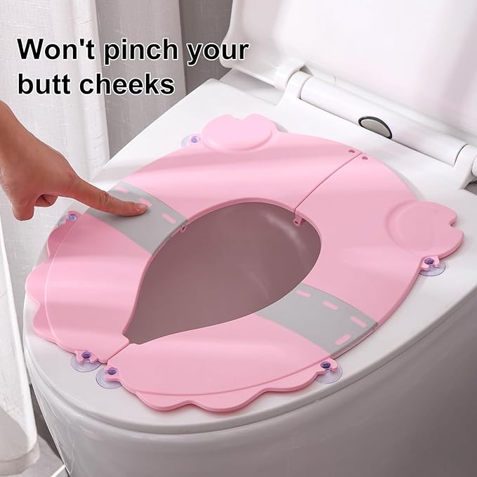 Portable Potty Training Seat，Upgraded Non-Slip-Anti pinch buttocks, One-handed Removal Folding Travel Potty Seat for Toddlers & Kids, 6 suction cups firmly adhere, Fits All Shape Toilets(Pink)