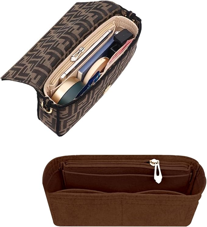 Chispee Purse Organizer Insert for Handbags, Softened Felt Insert Bag Organizer for Tote, Handbag Organizer with Zipper fit for Baguette, Longchamp (Medium, Coffee)
