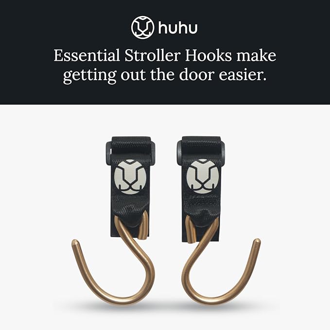 Huhu Essential Stroller Hooks - Lightweight Aluminum Stroller Bag Hook with Adjustable Straps, Matte Gold S-Hooks for Diaper Bag, Shopping, Everyday Essentials – Universal Fit Baby Stroller Accessory