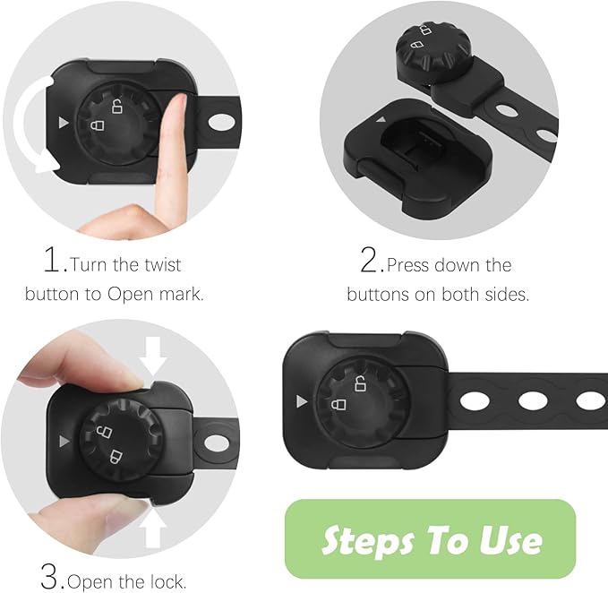 Songaa Child Safety Cabinets Strap Locks 2 Pack - Adjustable Baby Proofing Cabinet Latches for Drawers, Oven, Dishwasher, Fridge, Toilet Seat, Trash Can, with 3M Adhesive Pads - Black