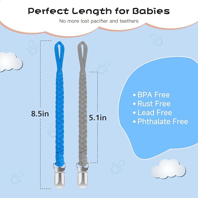 Pacifier Clip for Boys and Girls 6 Pack Baby Pacifier Holder Leash 100% Handmade Braided Fits All Pacifiers & Teething Toys Modern Unisex Baby Gift